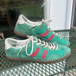 Green Suede Sneakers with Pink Stripes